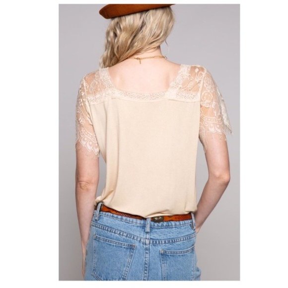 POL Lace V-Neck Tee w/ Eyelash hemmed Sleeves - Picture 9 of 14